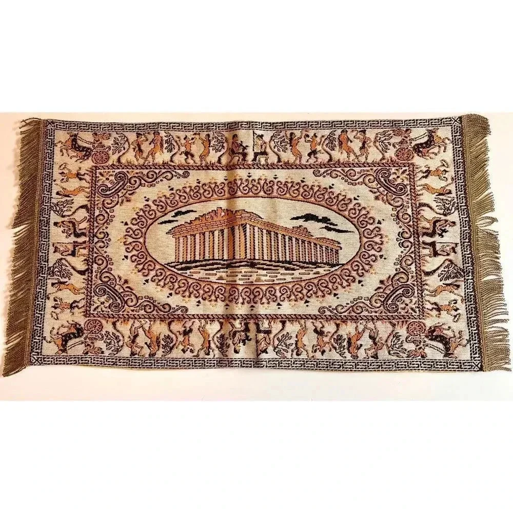 Vintage Greek Mount Olympus Table Cloth‎ Tapestry Runner Fringe Rare